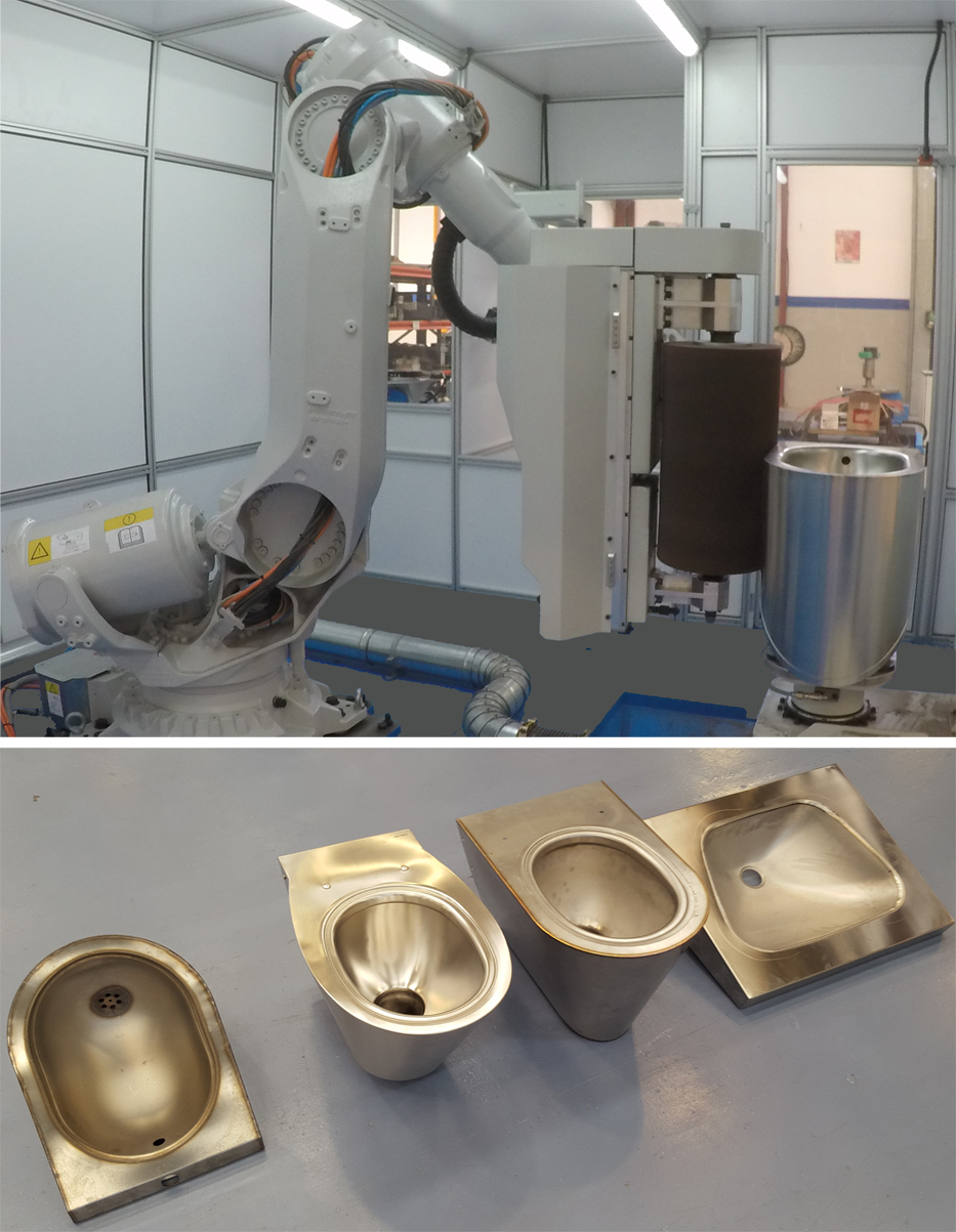 ROBOT CELL FOR WELD DRESSING AND SATIN FINISH OF STAINLESS STEEL SANITARY WARE